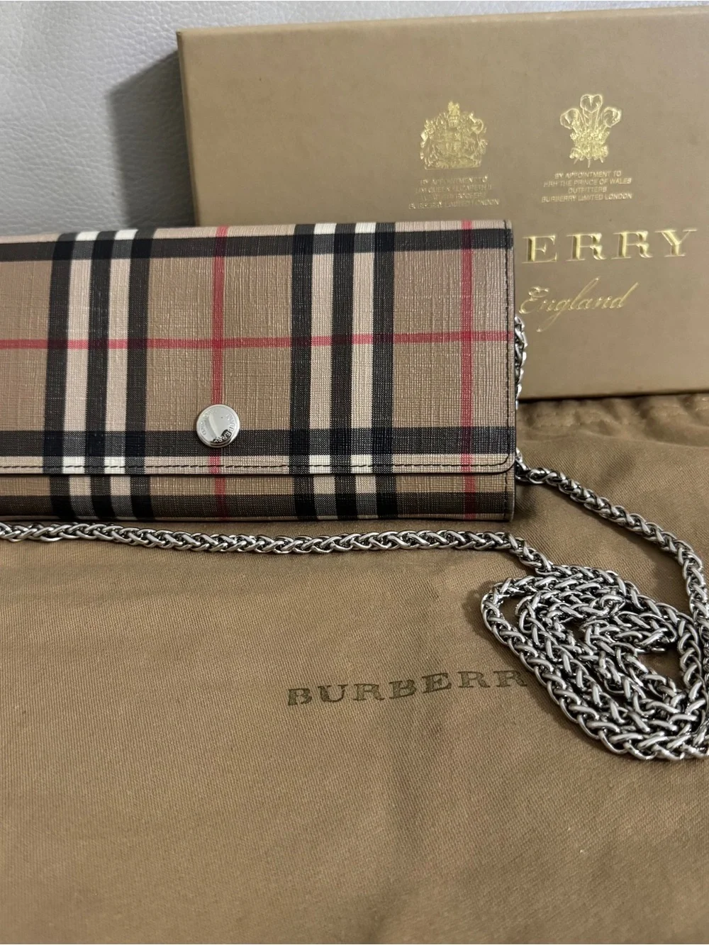 Burberry Vintage check long wallet brown canvas leather. 7.5”x 3.7”